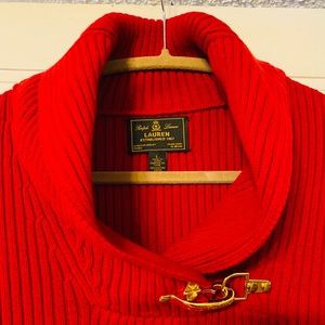 Ralph Lauren Ribbed RED Sweater Gold Buckle Sz L